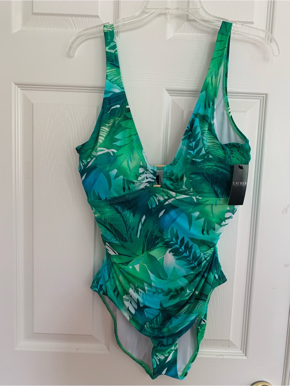 NWT Ralph Lauren Swimsuit: Green Tropical Leaves Print, 1-Piece, Gold Logo, 16